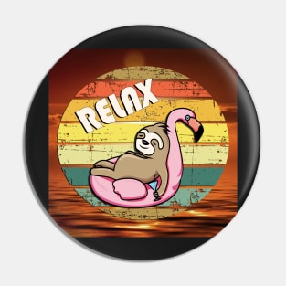 Sloth Funny Graphic Design Retro Relax Sunset Sloths & Flamingo in Sunset Vintage Ocean Pin