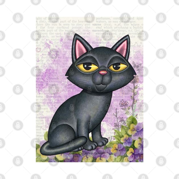 Cute black cat with purple background and flowers by Danny Gordon Art