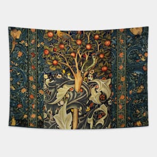 WOODPECKER IN A FRUIT TREE ,BIRDS, RABBITS,LEAVES,BLUE GREEN FLORAL Tapestry