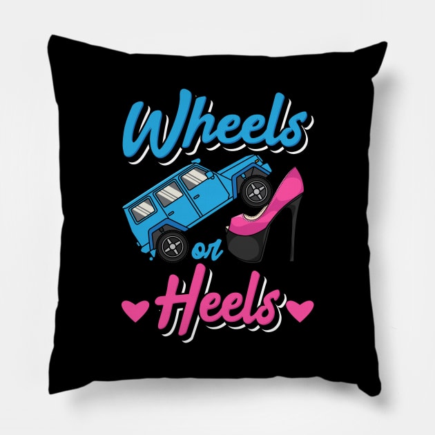 Wheels Or Heels Gender Reveal Pillow by maxcode