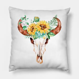 Sunflower bouquet, bull skull, sunflower skull, sunflowers, watercolor, painted sunflowers Pillow