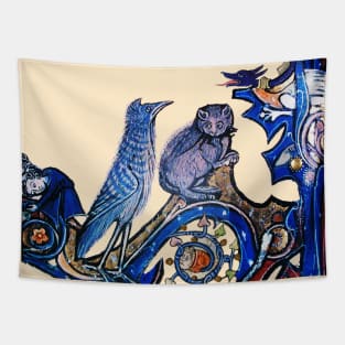 WEIRD MEDEVAL BESTIARY, CAT AND CUCKOO BIRD IN BLUE Tapestry