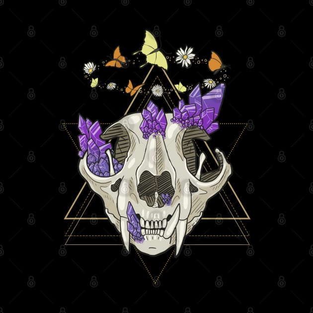 Cat Skull with Crystals, Butterflies, and Geometric Accents on Black by KMogenArt