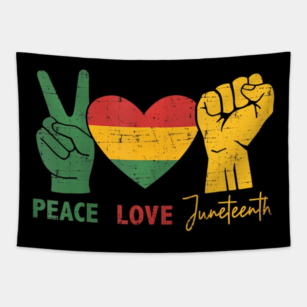 Peace Love Juneteenth with african flag heart and fist Tapestry by mccloysitarh