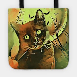 Halloween Spooky Black Cat Surrounded by Dead Trees, Bats and Large Moon Tote