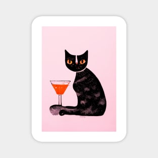 Cat with a Cocktail Retro Poster Vintage Art Cat Wall Cocktail Pink Illustration Magnet