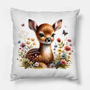 Baby Deer and Flowers Pillow