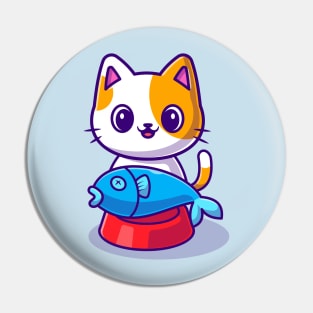 Cute Cat With Fish on Food Bowl Cartoon Pin