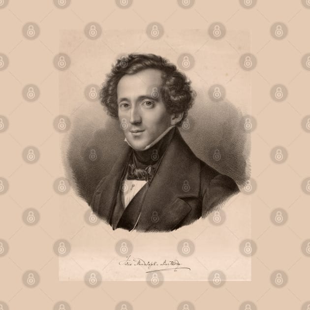 Felix Mendelssohn | Portrait of Felix Mendelssohn and manuscript with original signature by Musical design