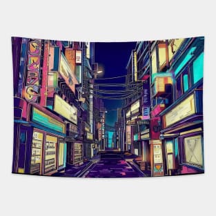 Anime japan street scene, urban, night view Tapestry