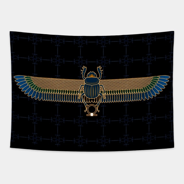 Gold & Blue Egyptian Scarab Mask Tapestry by CRWPROD