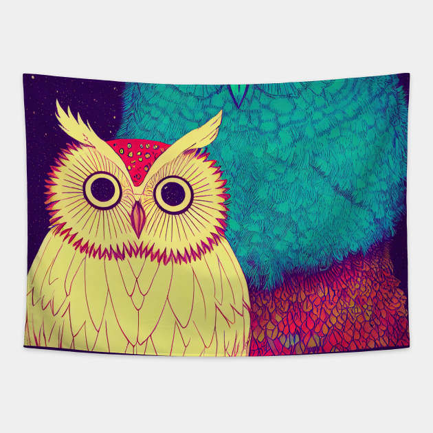 Colorful Owl Portrait Illustration - Bright Vibrant Colors Bohemian Style Feathers Psychedelic Bird Animal Rainbow Colored Art Tapestry by JensenArtCo