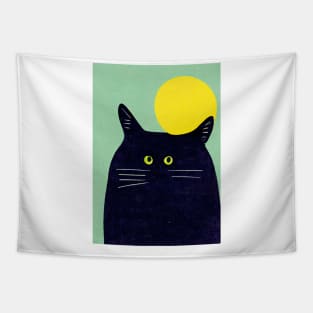 Big Black Cat Retro Poster Vintage Art Black cat Wall Turquoise Kitty Illustration Tapestry