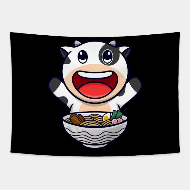 cow eating ramen noodles Tapestry by garistipis