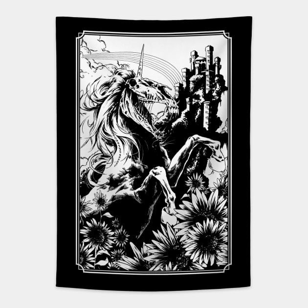 Dark fantasy unicorn sunflowers horse horror skull Tapestry by JonathanGrimmArt