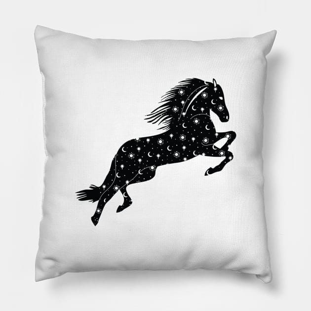 Cosmic Horse Black Pillow by MinimalLineARt