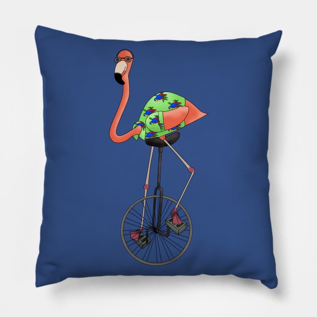 Unicycle pink flamingo Pillow by SnailAndCo