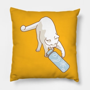 White cat knocking blue water bottle Pillow