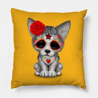 Red Day of the Dead Sugar Skull Wolf Cub Pillow