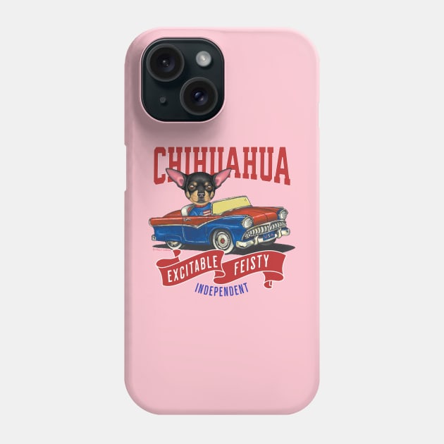 Funny and Cute Chihuahua dog driving a vintage classic retro car with red white and blue banner tee Phone Case by Danny Gordon Art