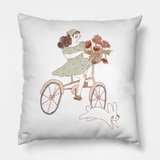 Cycling Girl with bunny and flowers Pillow