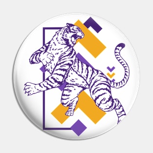 Retro Purple & Gold Tiger on the Attack // Vintage Geometric Shapes Background Pin