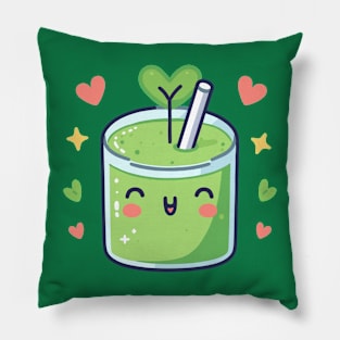 Kawaii Green Avocado Drink with Hearts | Cute Kawaii Food Art for Healthy Vegans Pillow