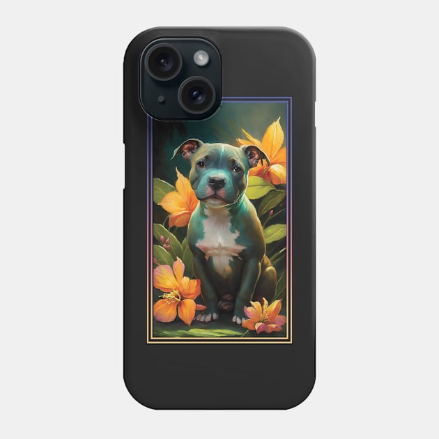 American Staffordshire Terrier Pitbull Vibrant Tropical Flower Tall Digital Oil Painting Portrait  2 Phone Case by ArtHouseFlunky