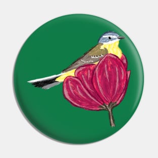 Artwork of a Western Yellow Wagtail sitting in a flower I Pin