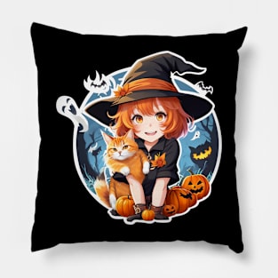 Magical Halloween Moment: Young Witch Cuddling a Black Ca Pillow