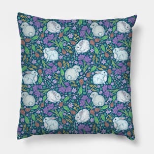 Cute rabbits amount birch blossom and purple crocuses on dark background Pillow