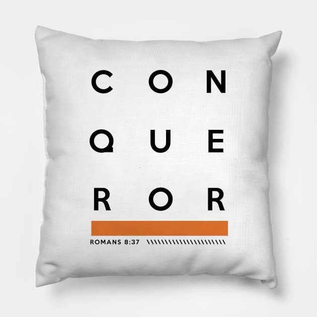 CONQUEROR Bible Verse Romans 8:37 Pillow by KA Creative Design