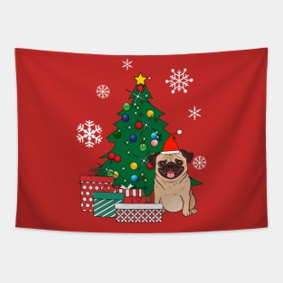 Pug Around The Christmas Tree Tapestry