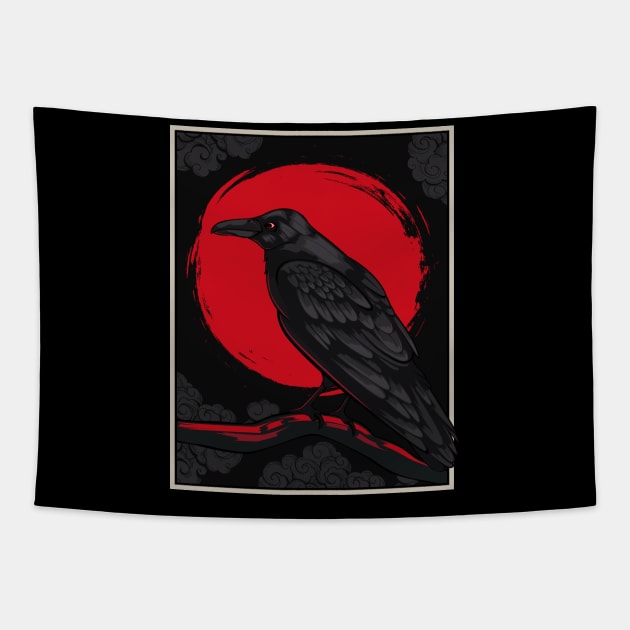 Black Raven Moon Red Japanese Nordic Crow Lover Tapestry by Funnyawesomedesigns