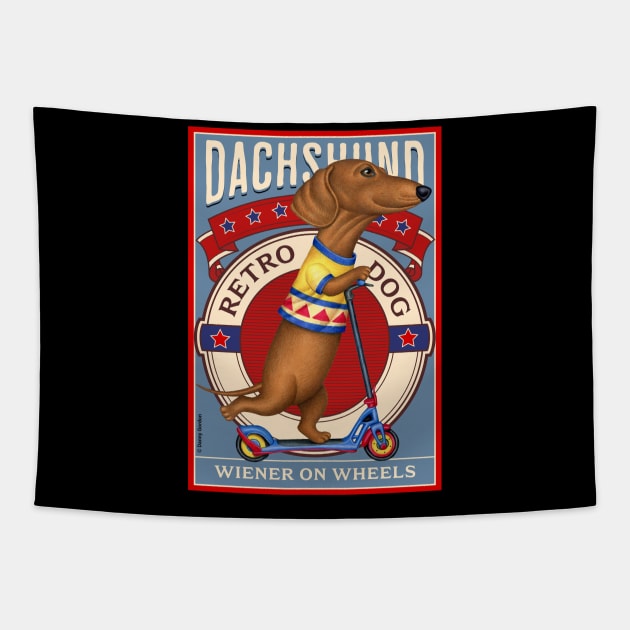 Cute Dachshund Retro Dog Wiener on Wheels Tapestry by Danny Gordon Art