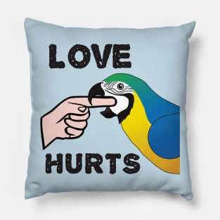 Love Hurts - Blue and Gold Macaw Parrot Pillow