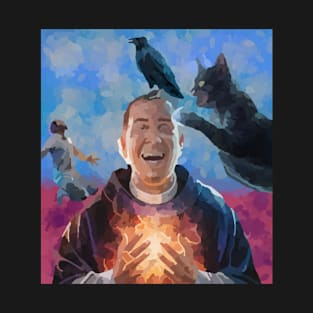 watercolor crazy priest with cat and crow T-Shirt