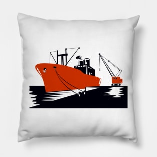 Cargo Ship with Crane Retro Pillow