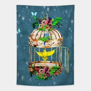 Bird Cage and Budgerigars aka Parakeets Tapestry