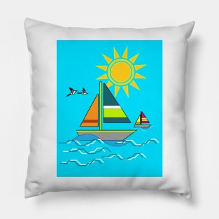 Boat Sea Sun Bird Pillow