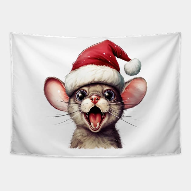 Funny Christmas Mouse Face Tapestry by Chromatic Fusion Studio