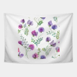 Sweet pea and spring leaves watercolor botanical print. Romantic transparent flowers. Spring floral bouquets Tapestry