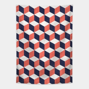 Geometric Cube Pattern - Coral, White, Blue Concrete Tapestry