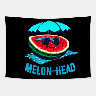 Melon-Head Funny A smiling slice of watermelon on a beach towel with sunglasses Tapestry