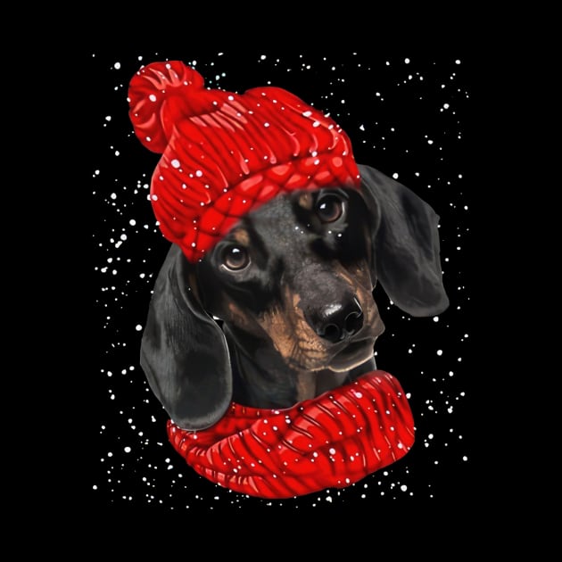 Black Dachshund Wearing Red Hat And Scarf Christmas by Tagliarini Kristi