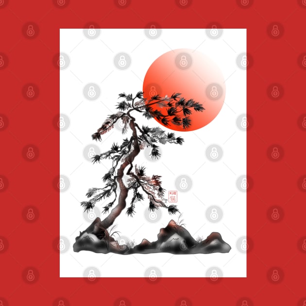 One japanese pine tree with a red rising sun by cuisinecat