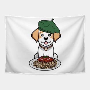 Cute Happy Dog is eating spaghetti Tapestry