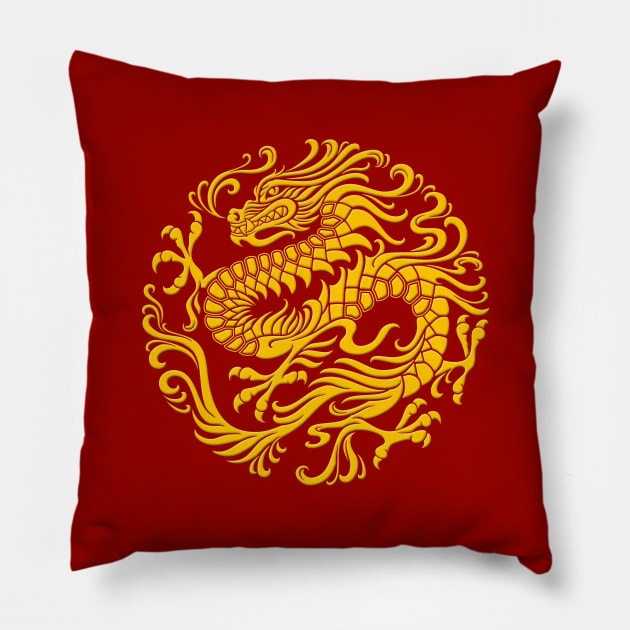 Traditional Yellow Chinese Dragon Circle Pillow by jeffbartels