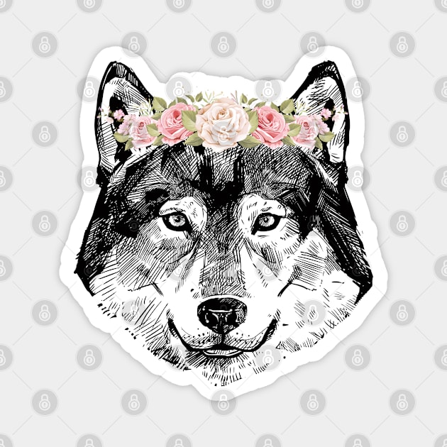 Fox Siberian Husky Dog With Bouquet Magnet by Katheryn's Studio