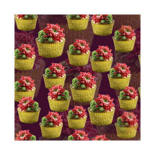 Succulent Buttercream Cupcakes Pattern on Burgundy Background T-Shirt